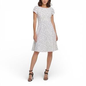 DKNY Polka Dot Fit and Flare Dress Size 6 White Black Tulip Sleeve Knee Length